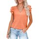 thumbnail image 1 of Top de manga corta con volantes en capas para mujer, blusa holgada informal de Color puro con cuello en V y hombros fruncidos, 1 of 6