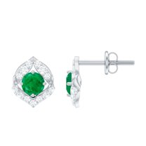 Rosec Jewels Nature Inspired Petal Stud Earrings for Women, Emerald and Diamond Stud Earrings, 18K White Gold