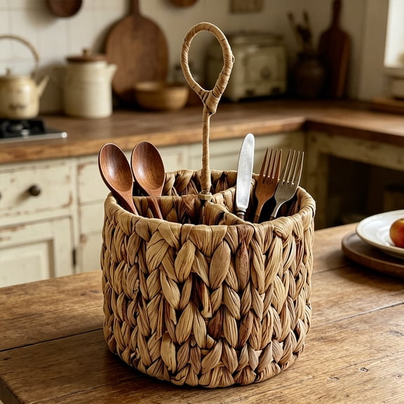 Handmade Woven Divided Storage Basket, Natural Water Hyacinth Desk Organizer with 3 Compartments, Handwoven Desktop Bin for Office, Home and Bathroom Organization