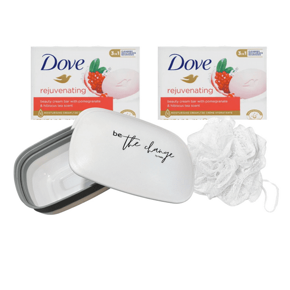 Bathroom Accessories Soap Dish Set -  Leak-Proof Travel Case, Plastic Containers with Lids, Affirmation  'Be the Change' with Loofah 2 Pack Dove Rejuvenating Soap