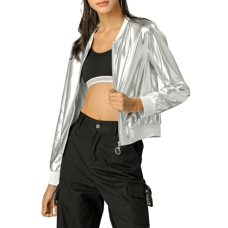 Metallic silver top bomber jacket womens