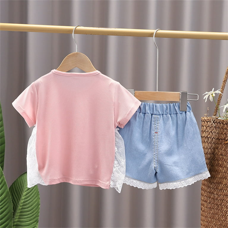 Cute Teen Leggings Girl Outfits Teens Toddler Kids Girls Clothes Summer  Short Sleeve Lace Ribbed Ruffle T Shirt Tops Denim Shorts Casual 2PCS  Outfits Set Winter Baby Girl Gift 