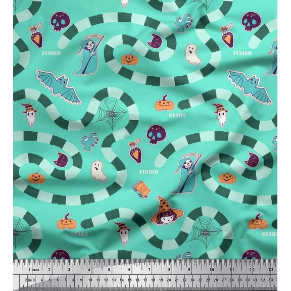 Soimoi Polyester Crepe Fabric Spider Web,Bat & Ghost Halloween Printed Fabric 1 Yard 42 Inch Wide