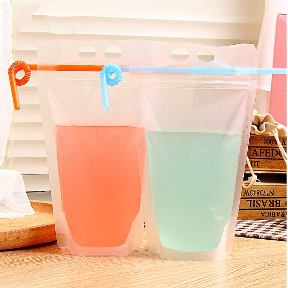 Clear Drink Pouches for Adult Drink Bags with Disposable Plastic Straws Smoothie Bags Juice Bags Reclosable Zipper Handheld Translucent Stand-up Plastic Drinking Bag 36bags+50straws 