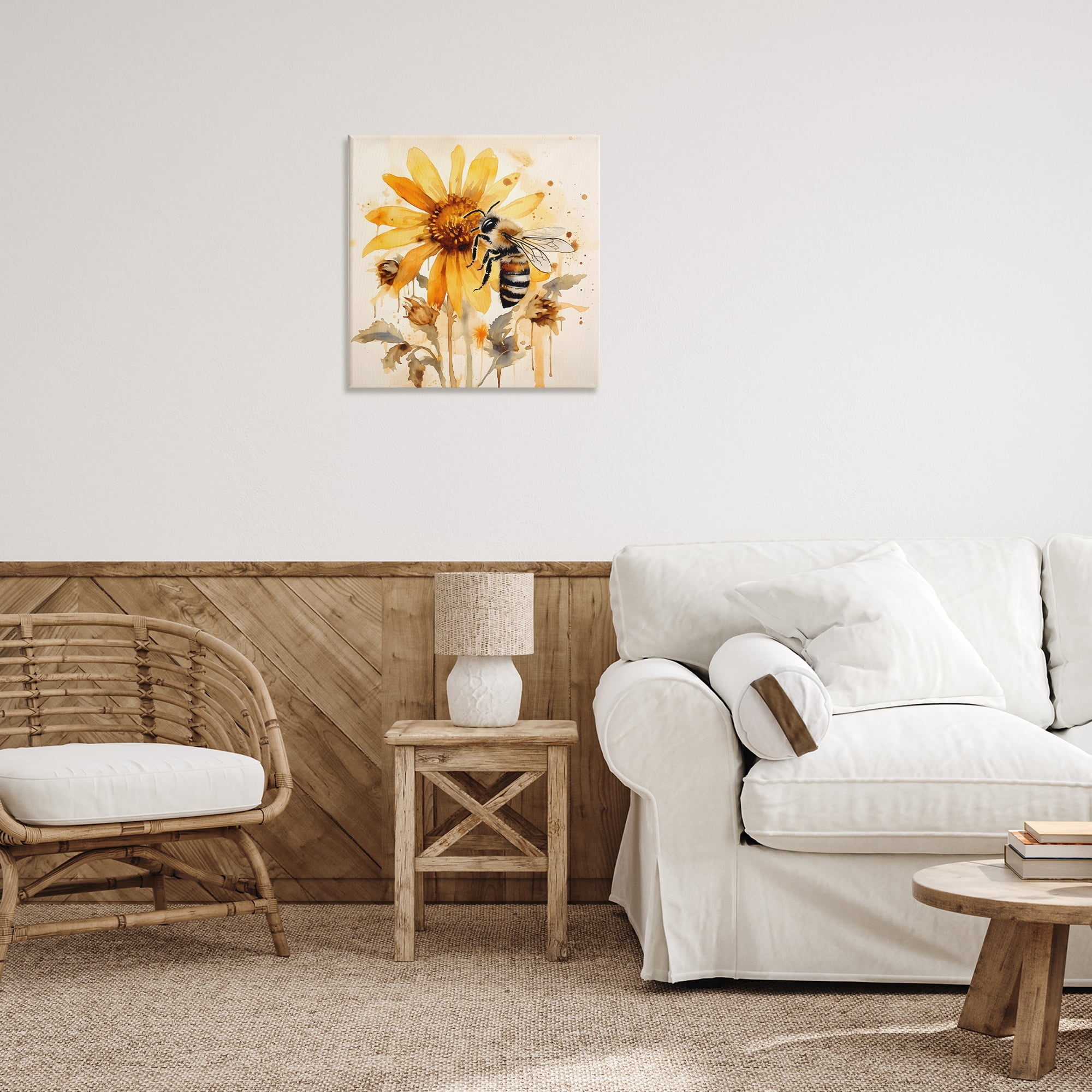 Stupell Industries Busy Bee with Flower Animals & Insects Painting Gallery Wrapped Canvas Art Print Wall Art, 24 x 24