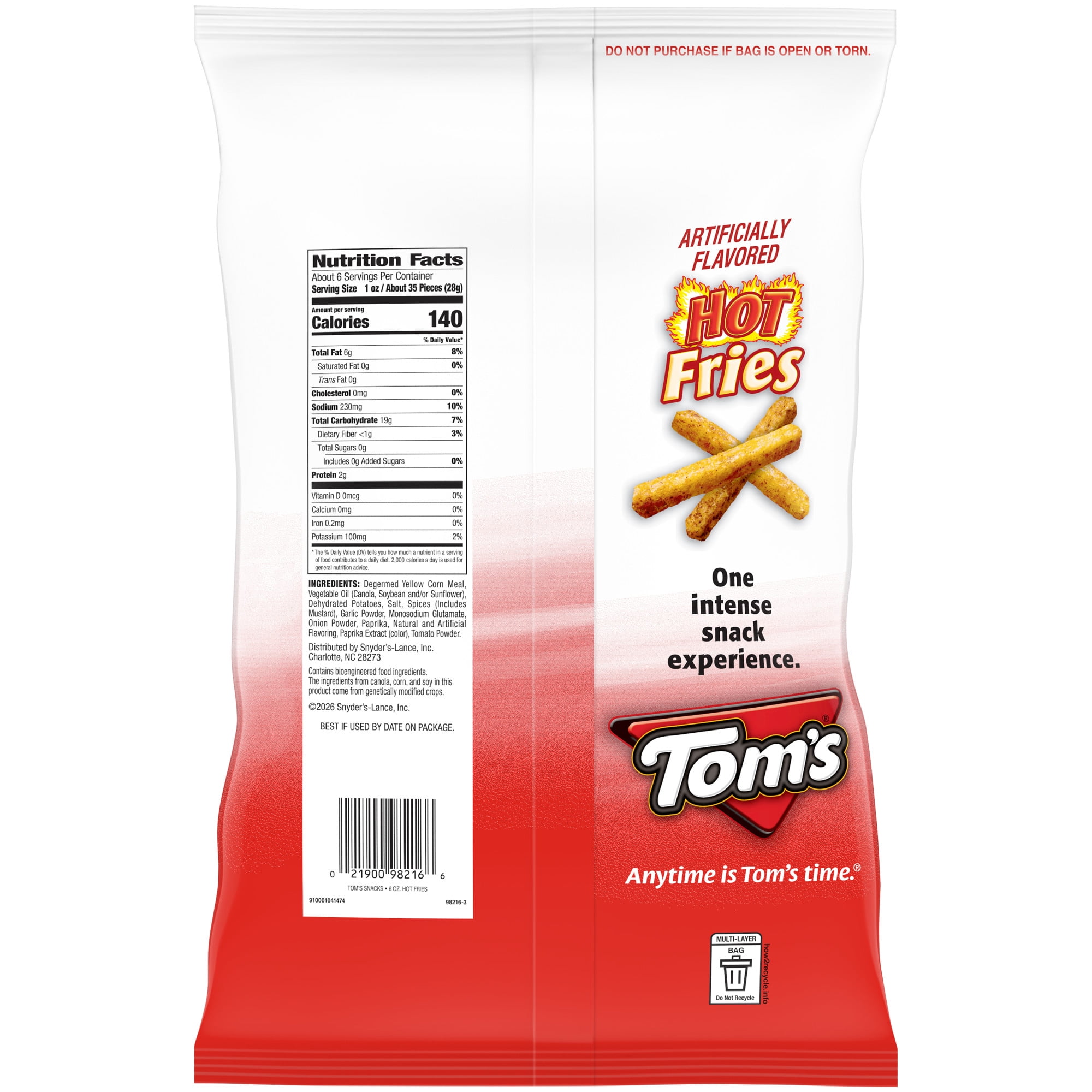 (3 pack) Tom's Hot Fries Salty Snacks, 6 oz Bag