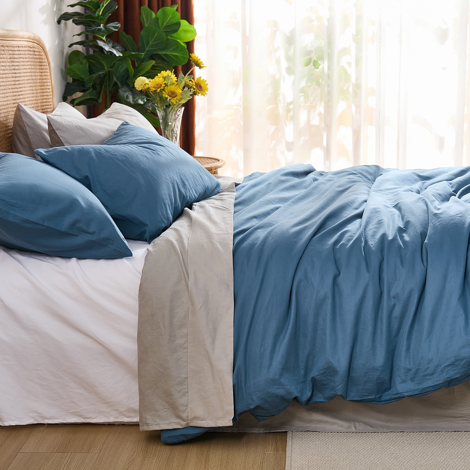 100% Washed Cotton Duvet Cover –Dark Blue, Linen-Like Texture, Super Soft & Breathable Bedding Set, 3-Piece Durable Percale Comforter Cover