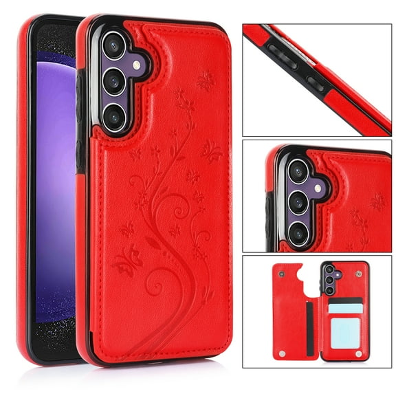 TECH CIRCLE for Samsung Galaxy A42 5G Butterfly Pattern Leather Series Wallet Case with Card Holder Full Body Double PC TPU Magnetic Clasp Back Flip Shockproof Protective Cover,Red
