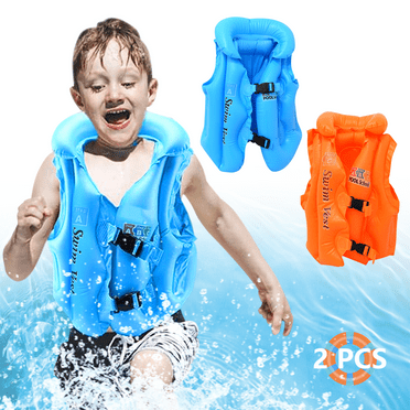 2 Pack Swim Vest for Kids,2 Adjustable Safety Buckle Swim Jacket,3 Independent Hidden Air Nozzles,Floaties Vest for Under 55 lbs Kid Swimming Party,Blue and Orange