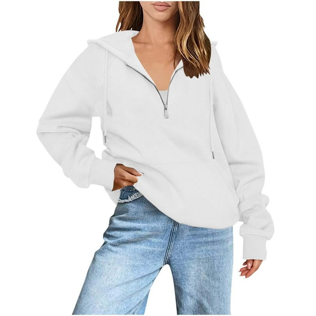 Dealovy Quarter Zip Front Hoodies for Women Solid Color Raglan Sleeve Loose Fitting Hooded Sweatshirt with Pocket