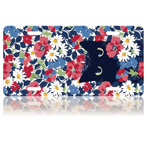 Flower Black Cat License Plate Cat Front License Plate Covers Decorative Car Colorful Aluminum Noverlty License Plate License Plate Tag Car Accessory