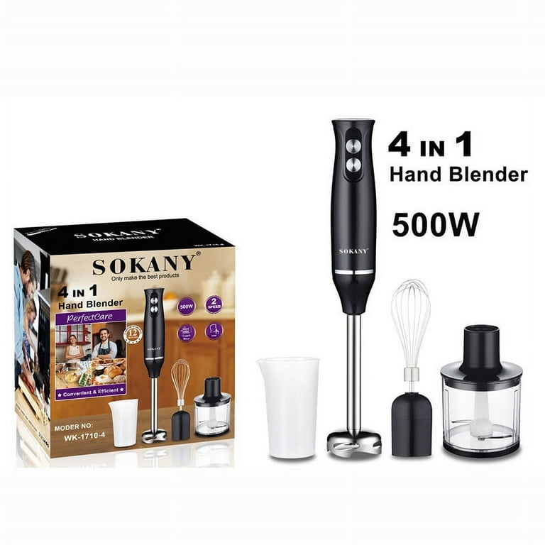 Immersion Hand Blender 4 in 1 500W Stick Blender with Chopper Beaker Whisk 2 Speed for Smoothies Shakes Sauces Black
