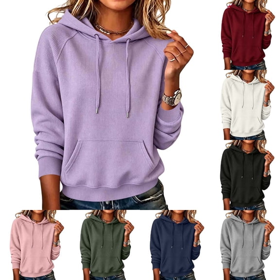 Inverlee Waffle Knit Hooded Sweatshirts for Women Drawstring Long Sleeve Pullovers Raglan Loose Fit Tops Everyday Relaxed Outfits Navy (S-XXL)