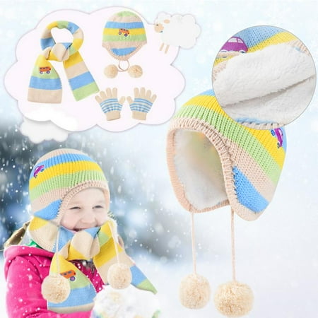 Vbiger Kids Winter Knitted Hat, Scarf and Gloves Set 3 Pieces Winter Knitted Set Warm Knitted Hat, Long Scarf and Knitted Gloves with Pompon Decor and Cute Cartoon Pattern