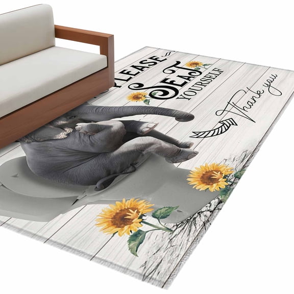 Area Rugs for Living Room 4x6 Ft, Toilet Elephant Non Slip Area Rugs for Kitchen Bedroom Entryway, Funny Animal Sunflower Oil Painting Washable Carpet Runner Rug Floor Mats for Bedroom Home Decor