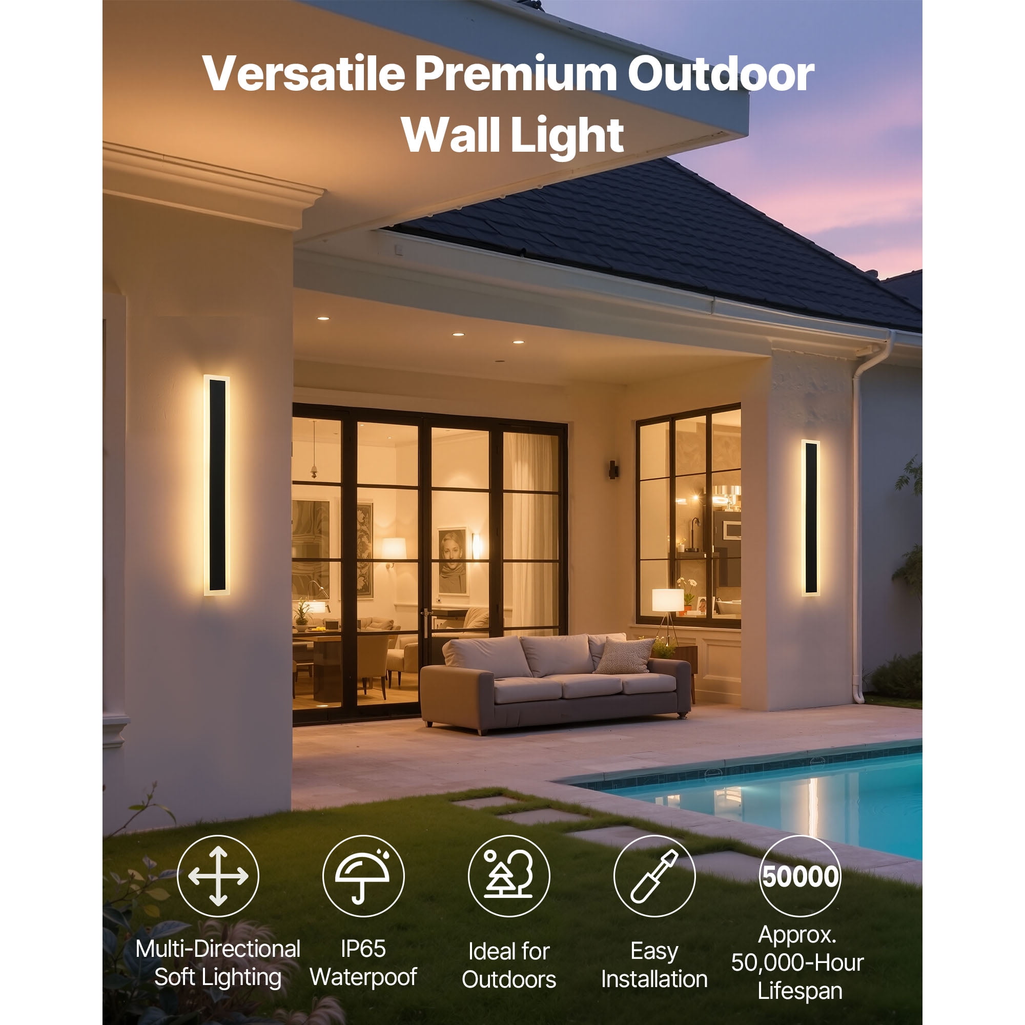 KFFKFF Outdoor Wall Lights, Set of 2, 23.6-Inch Modern Vertical Wall Sconce Fixtures, Adjustable 2700K-6000K, IP65 Waterproof and Rust-Resistant, Dimmable Exterior Lighting for Porch, Garage,and Home