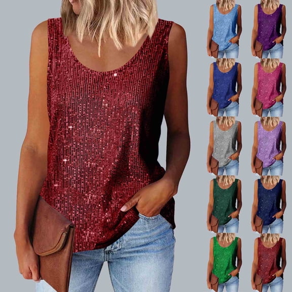 Tank Tops for Women BWASD Casual Round Neck Sleveless Sparkly Sequin Glitter Crop Vest Top Lightweight Fashion Summer Shirt for Party Going Out Outfits Wine S-XXL