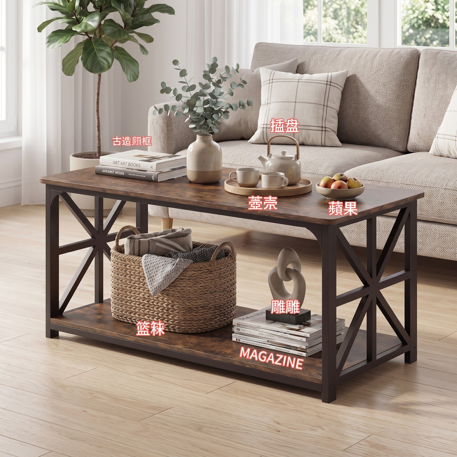 Furnibear 2-Tier Coffee Table with Storage Shelf, Rustic Farmhouse Center Cocktail Table, Wood Look Top with Carbon Steel Frame and X-Shaped, Rustic Brown & Black