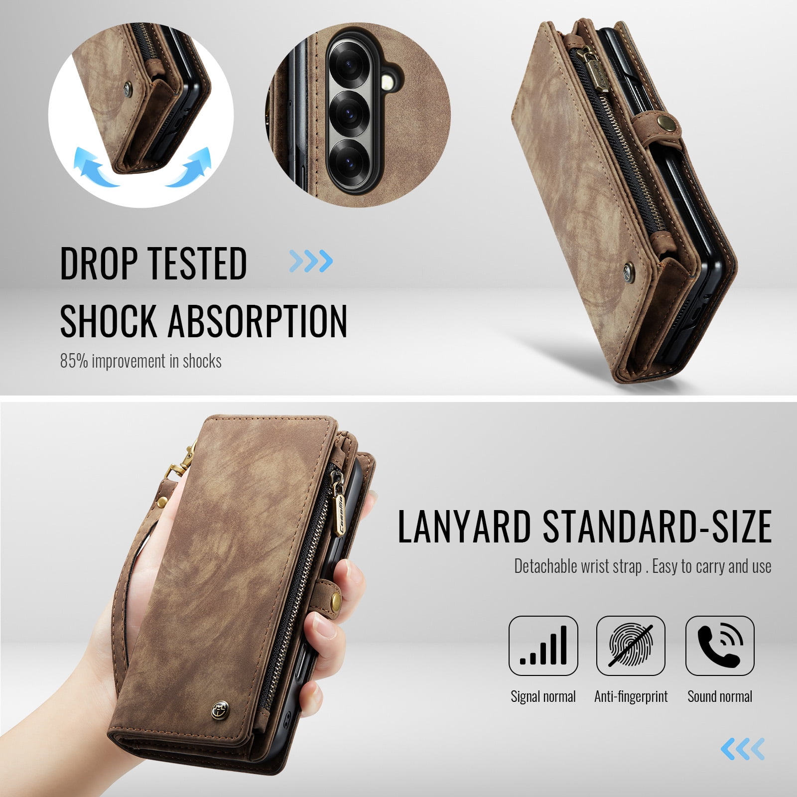 Feishell Durable 2- In-1 Magnetic Detachable Wallet Case for Samsung Galaxy Z Fold 7,for Women Men,Premium PU Leather Zipper Pocket Flip Multi Card Slots Purse Phone Case with Wrist Strap,Darkbrown