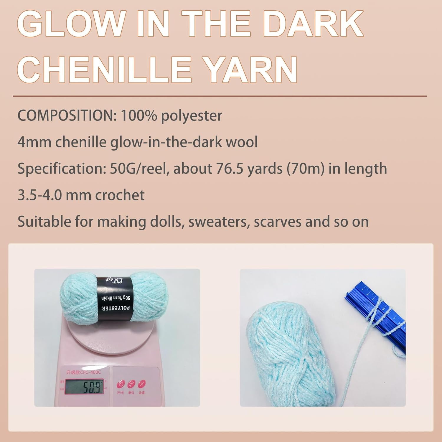 5PCS Glow in The Dark Chenille Yarn DIY Handcrafts Weaving Soft Chenille Yarn 70m/roll For DIY Knitting Enthusiasts（blue）