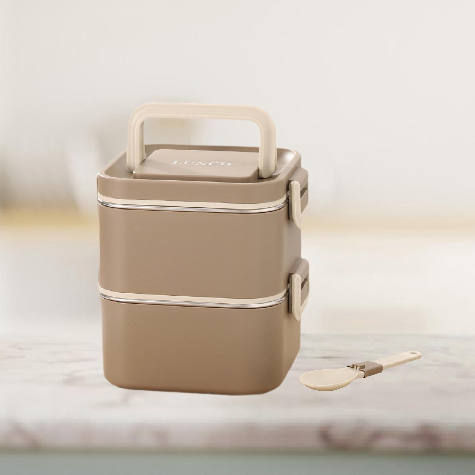 Fiocias Adult Lunch Box Reusable Leakproof Microwave Bento Box Freezer Food Storage Meal 2 Layers Khaki