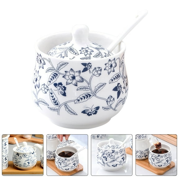 Omeite Ceramic spice jar, chili jar, seasoning jar (drum-shaped blue and white: jar)