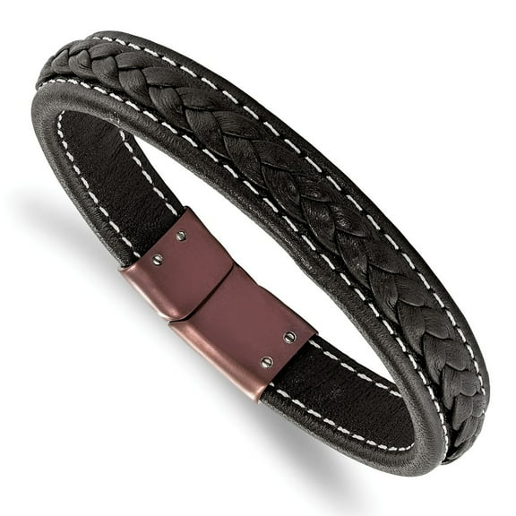 White Stainless Steel Men's Brown IP-plated Genuine Leather 8.25in Bracelet