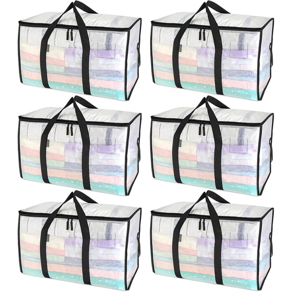PLERISE Generic 6-Pack Moving Bags, Clear, with Reinforced Handles – Storage Tote for Clothes and Moving Supplies
