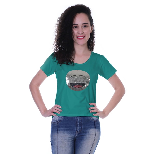 Moomaya T-shirt à Manches Courtes pour Femmes avec Col Rond, Écusson à Paillettes, Coupe Décontractée - 9M