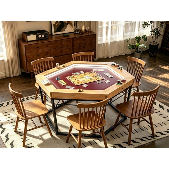 Mintazer Hexagonal Convertible Board Game Table with Removable Tabletop, LED Ambient Light & Storage Compartment, Playing Table for 6 Players, Natural