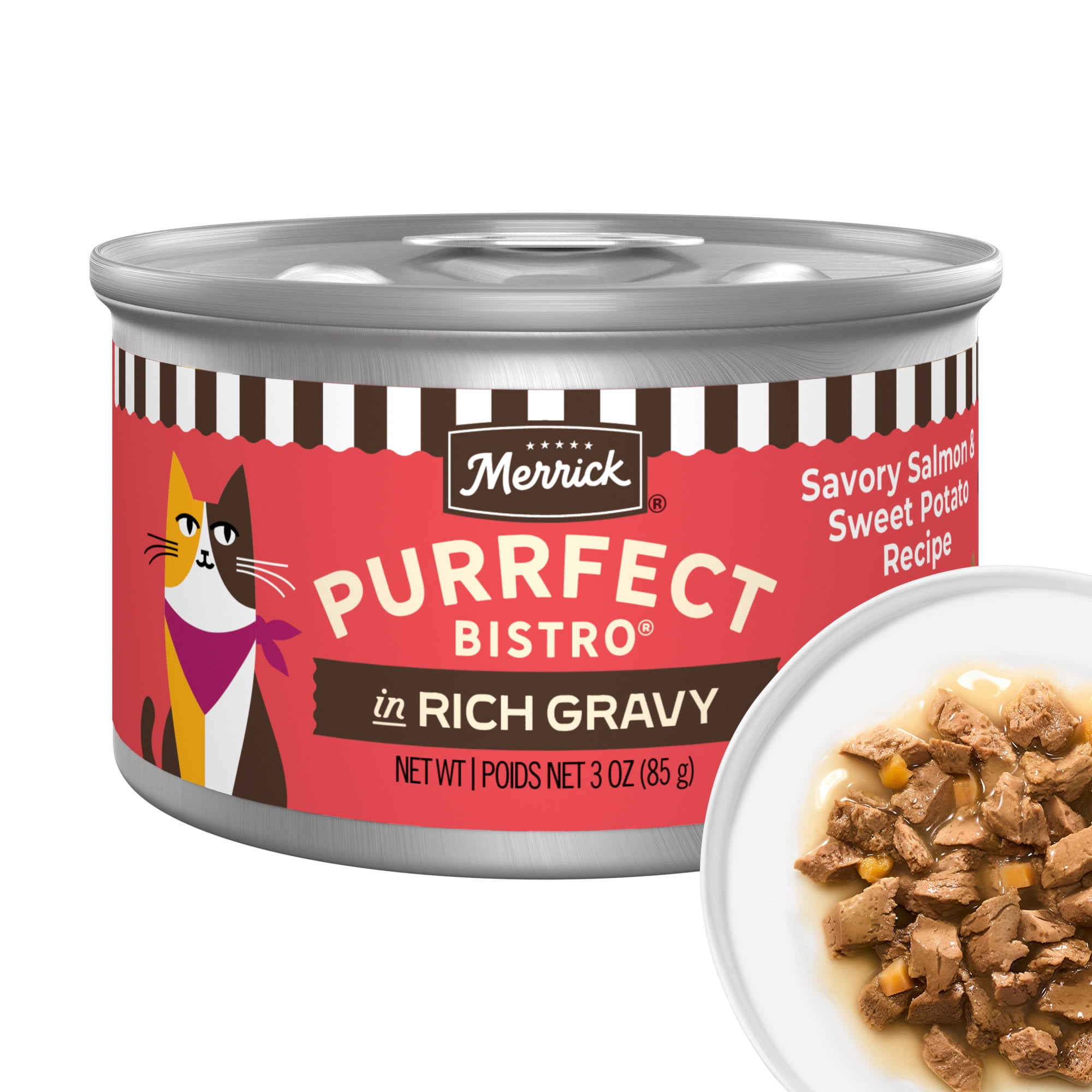 Merrick Purrfect Bistro Savory Salmon and Sweet Potato Recipe in Gravy, High Protein Adult Natural Wet Cat Food, 3 oz., Case 24