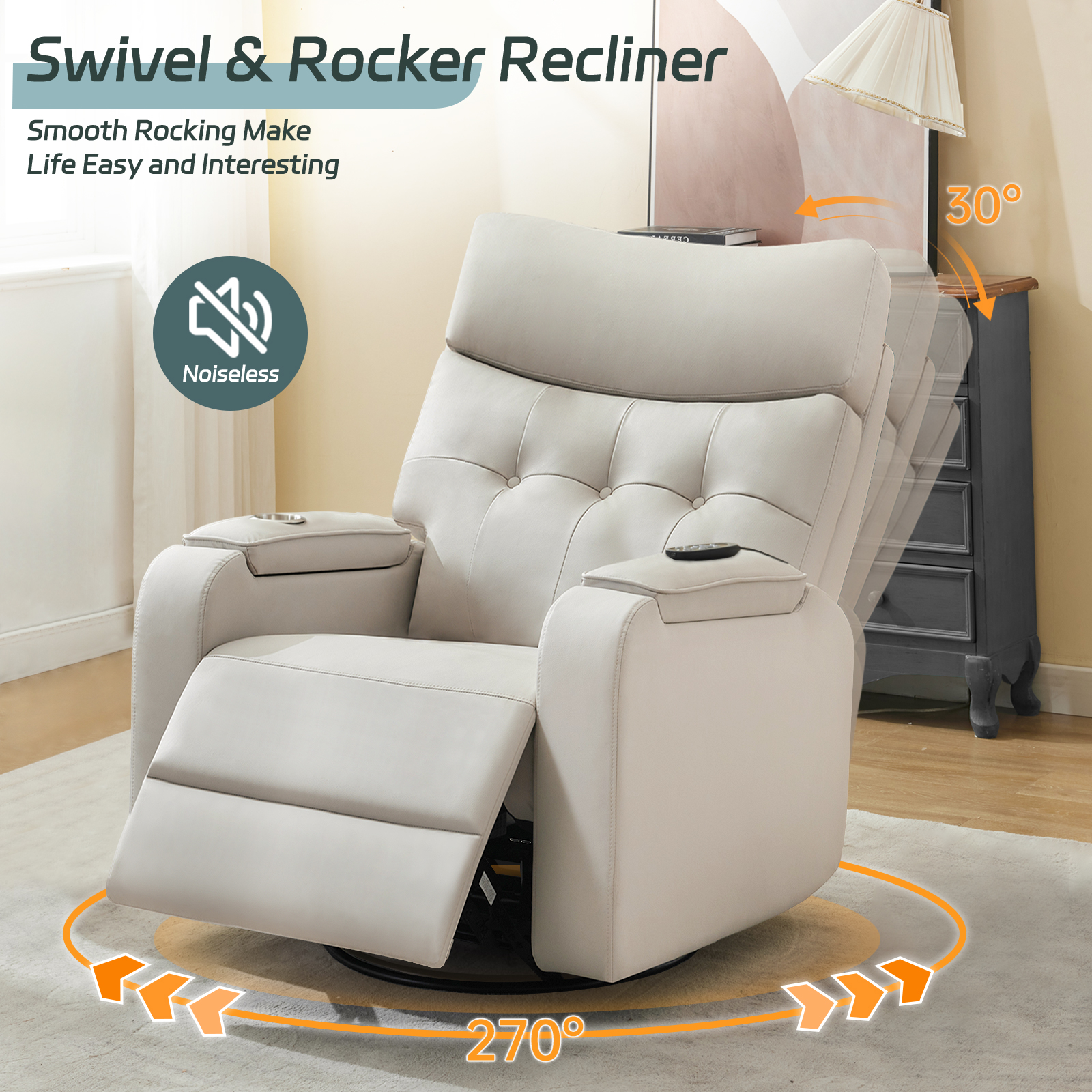 Aemeios Swivel Power Recliner Chair with Massage and Heat, Single Timing Massage Rocking Chair with USB Port and Cup Holders, Rocker Sofa with Storage Space for Living Room Home Theater, Light Gray