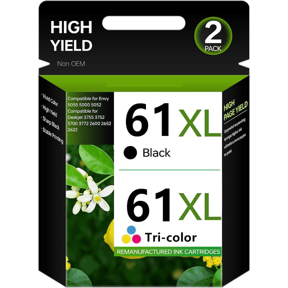 61XL Ink Cartridges Compatible for HP 61 Ink Cartridge for Printer Ink HP 61XL for Deskjet 2541 OfficeJet 4630 Envy 4501 4500 Printer (2-Pack)