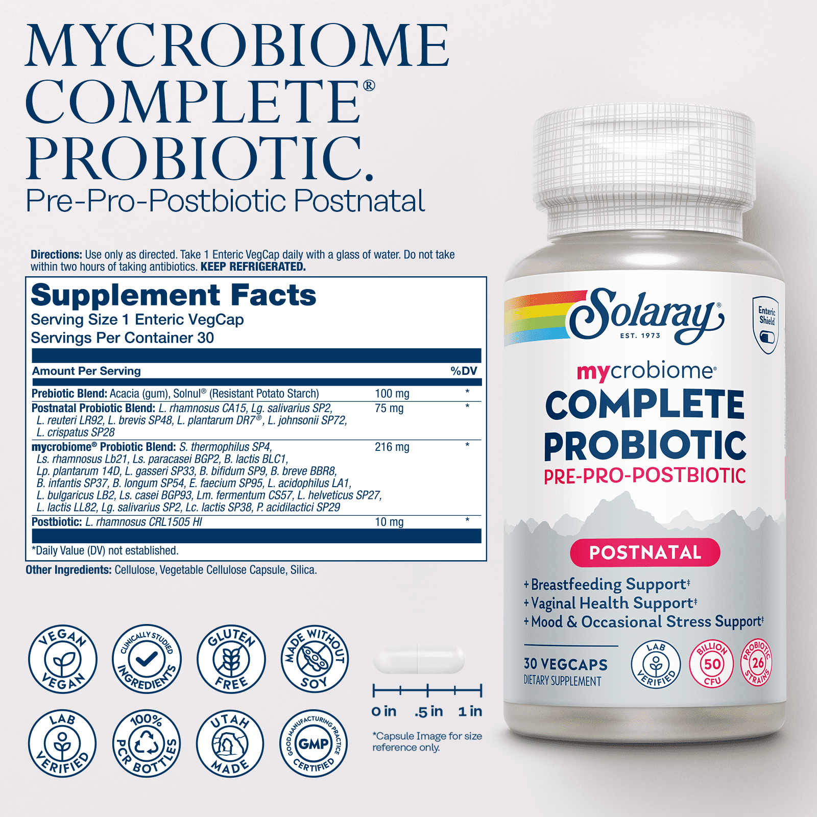 SOLARAY Mycrobiome Complete Probiotic Postnatal - Probiotics for Women Plus Pre and Postbiotic - 50 Billion CFU, 26 Strains - Vegan, Gluten Free - 30 Serv, 30 VegCaps