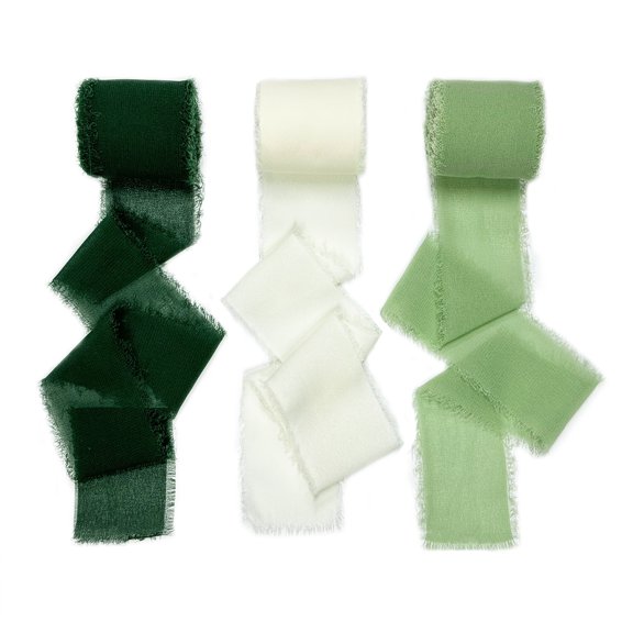TETOU 3 Rolls Handmade Fringe Chiffon Silk Ribbon, 1.77inch×5.47yard Cream Ribbons Set for Wedding Bouquets Gifts Wrapping DIY Crafts - Cream & Green