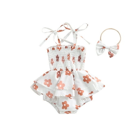 

Genuiskids Newborn Baby Girl Summer Clothes 3 6 12 18 Months Infant Floral Bodysuit Sleeveless Halter Frill Romper One-piece Romper with Headband Set