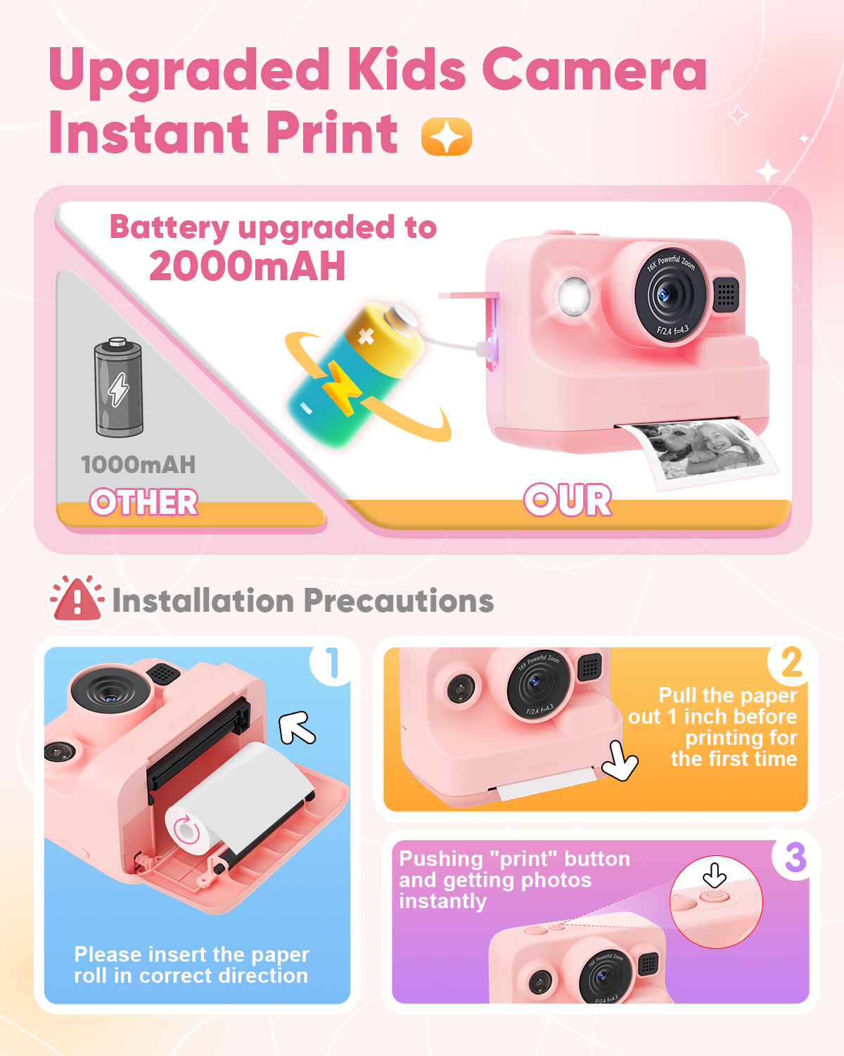 Prysyed Kids Instant Print Digital Camera, 1080P HD, Pink photo 4
