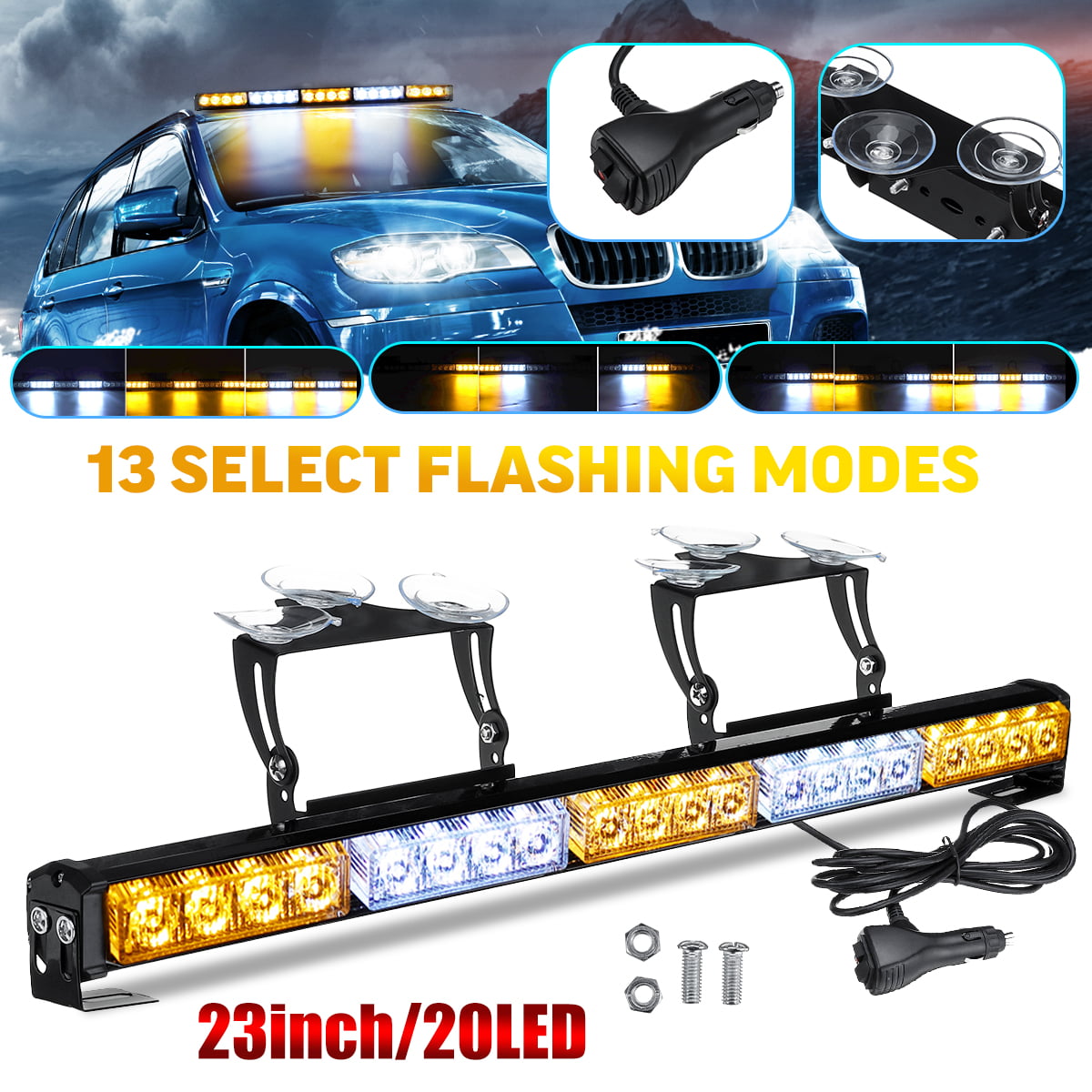 20" 24W LED Emergency Warning Flash Dash Deck Split Strobe Light Bar Amber White