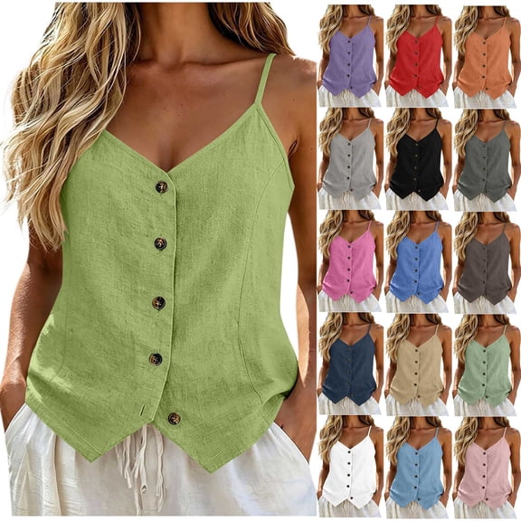 Hvogkswy Womens Button Down Linen Camisole Tops Solid V Neck Sleeveless Tops Loose Breathable Beach Vacation Summer Casual Tank Tops