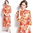 thumbnail image 1 of Dropshipping Nouvelle Robe Midi Décontractée d'Été et d'Automne avec Imprimé de Fruits, Nœud Papillon, Foulard à Col, Manches 3/4, Taille Empire, pour Femmes, Fête, Plage, 1 of 6