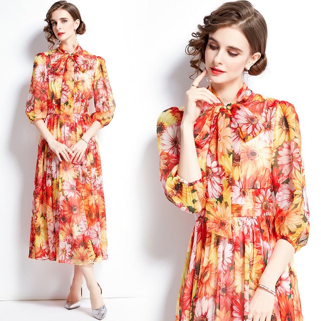 Dropshipping Nouvelle Robe Midi Décontractée d'Été et d'Automne avec Imprimé de Fruits, Nœud Papillon, Foulard à Col, Manches 3/4, Taille Empire, pour Femmes, Fête, Plage
