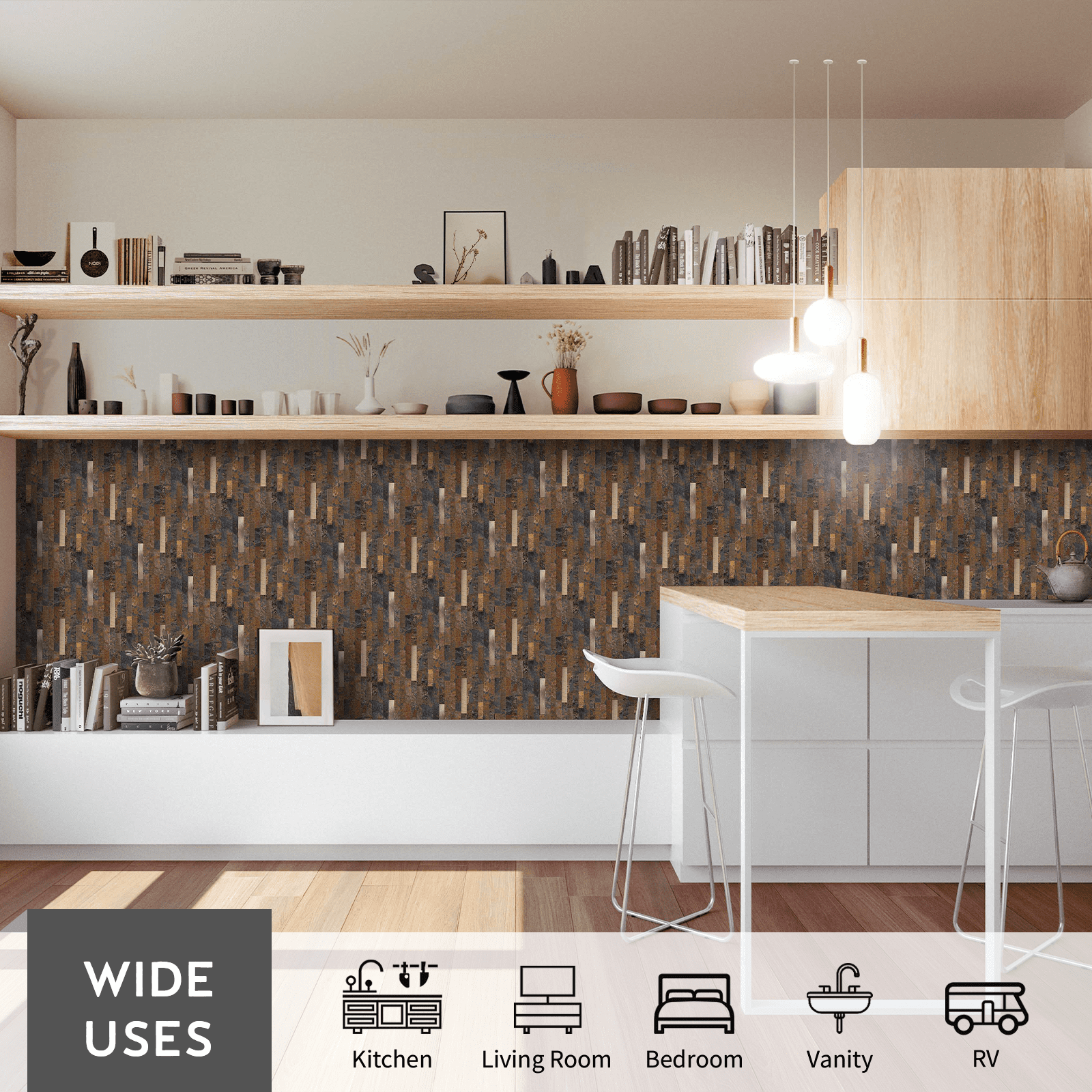 12-Sheet Peel and Stick Backsplash Tiles, Faux Marble Linear Wall Tiles Stick on Backsplash for Kitchen Bathroom Fireplace RV (11.57" x 4.13", Vintage Brown)