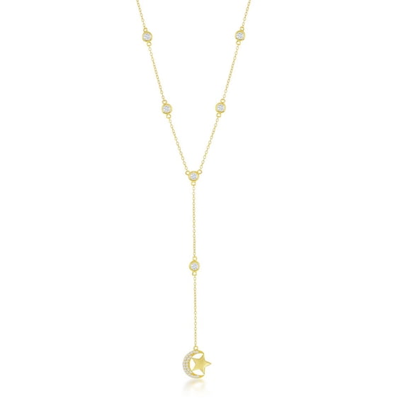 iJewelry2 Gold Plated Sterling Silver Station Bezel-Set CZ By the Inch Moon and Star Lariat Necklace
