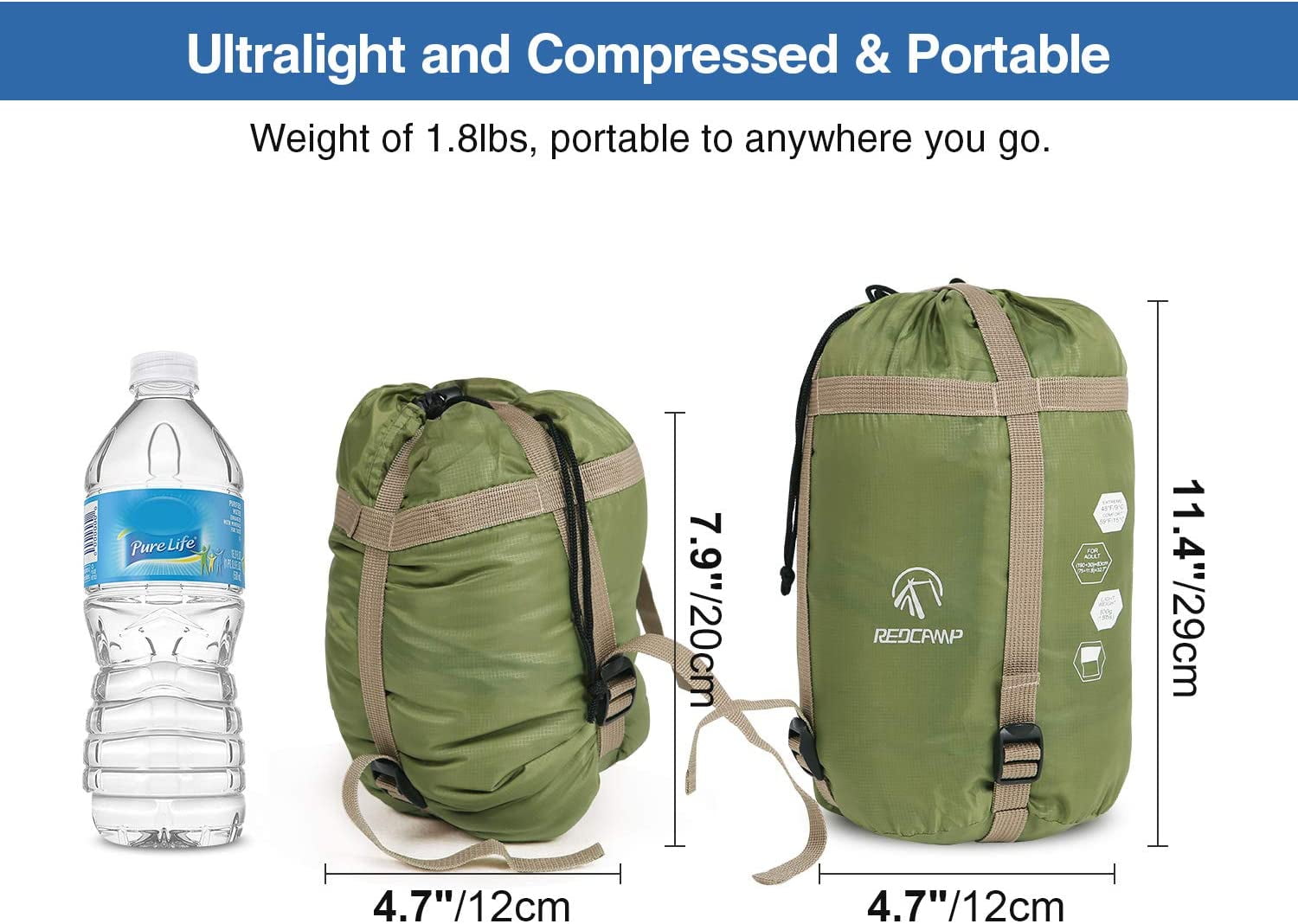 Ultra Lightweight Sleeping Bag for Backpacking, Hiking, Comfort Adults Warm Weather, with Compression Sack
