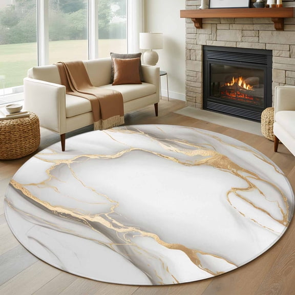 Round Area Rug 5 Ft, White Golden Marble Washable Non-Slip Circle Carpet for Living Room/Bedroom, Modern Abstract Art Marble Flow Low-Profile Runner Mats Collection Rugs for Indoor