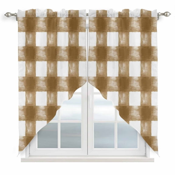 Brown White Plaid Kitchen Window Curtains, Swag Curtains Valance for Bedroom Living Room Bathroom, Watercolor Farmhouse Checkered Rod Pocket Window Treatment Curtain Block Drapes 2 Panels 36"x36"