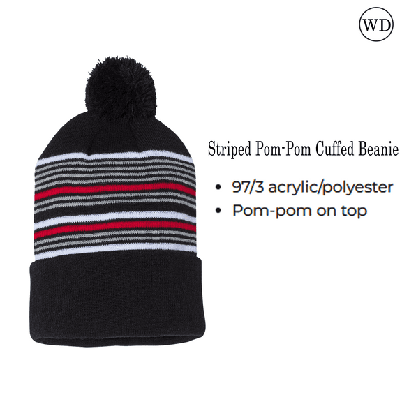Sportsman Striped Pom Pom Cuff Beanie Hat 12" for Unisex or Winter Headwear, Black/ White/ Grey/ Red, One Size