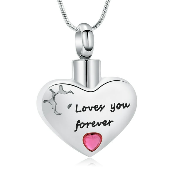 Love You Forever Pink Birthstone Heart Urn Pendants with Chain Memory Necklace for Cremation Ashes Holder Memorial Jewelry