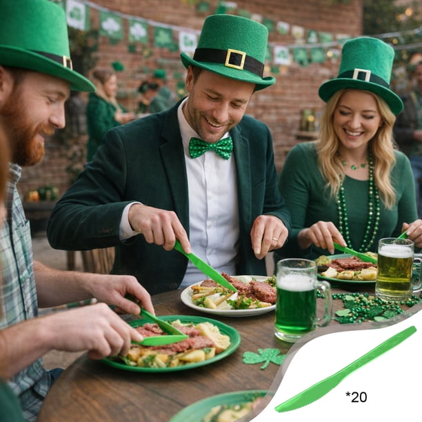 St. Patrick's Day Tableware Set, Green Lucky Shamrock and Plaid Disposable Plates, Cups, Napkins, Forks, Spoons, Knives, Straws, Banner for St. Paddy's Day, Irish-Themed Birthday Party Supplies