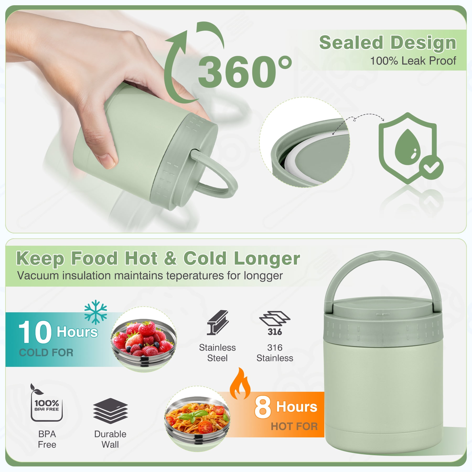 Bento Lunch Box Set with 10.5oz Soup Thermo for Adults Kids, Leak-proof Food Jar Lunch Container with 4 Compartment, Stainless Steel Coffee Tumbler with Lunch Bag for School Travel Office Green